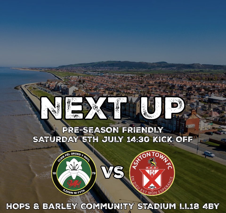 CPD Y Rhyl 1879 official (@rhylfc) on Twitter photo ⚫️ Pre-Season ⚪️
This afternoon we host Ashton Town, please note a revised kick off time of 14:30 ⚠️
📆 5th July
🕝 14:30 KO
🆚 <a href="/ashtontownfc/">Ashton Town FC</a>
🤝 Friendly
🏟️ Hops & Barley Community Stadium
📍 LL18 4BY
🎟️ Adults £5 Under 16’s £1
🎫 Half-Time Raffle
🍺 Bar
🍔 Canteen ⚫️ Pre-Season ⚪️
This afternoon we host Ashton Town, please note a revised kick off time of 14:30 ⚠️
📆 5th July
🕝 14:30 KO
🆚 <a href="/ashtontownfc/">Ashton Town FC</a>
🤝 Friendly
🏟️ Hops & Barley Community Stadium
📍 LL18 4BY
🎟️ Adults £5 Under 16’s £1
🎫 Half-Time Raffle
🍺 Bar
🍔 Canteen