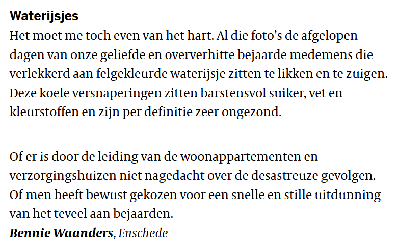 CasperHuls's tweet image. Bennie Waanders windt zich in de Volkskrant op over ouderen die... een ijsje eten.