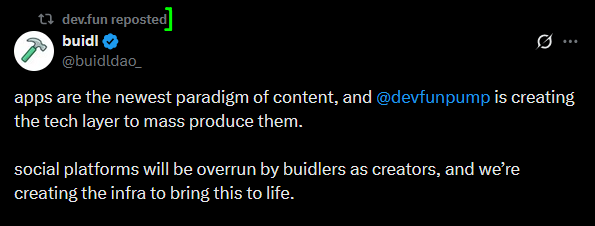 monty_xbt's tweet photo. $BUIDL is still one of the most overlooked in this area:
Protocols building around Pumpfun are likely to benefit most from its token launch, whether via direct allocation or narrative spillover. That makes @devfun the clearest pick, with 21,000+ apps built on top of it.

But Devfun has no token. So if attention or value flows their way, the market will naturally turn to the closest aligned project with a token.

That’s where $BUIDL comes in. It acts as the accelerator layer for Devfun apps. Similar to how @alliancedao supports early-stage founders, @buidldao_ provides guidance, visibility, VC connections and resources to projects being built on Devfun. And unlike Devfun, it has a token.

The connection isn’t loose. Devfun actively reposts BUIDL updates and works closely with them. Builder + accelerator.

Devfun is also backed by @Colosseum (which is running the largest hackathons on Solana), and just yesterday Colosseum reposted Devfun again.

Pumpfun → Devfun → BUIDL.

RR is amazing at 2M mcap. If the top infra gets spotlighted during the launch, this is the cleanest way to get exposure.