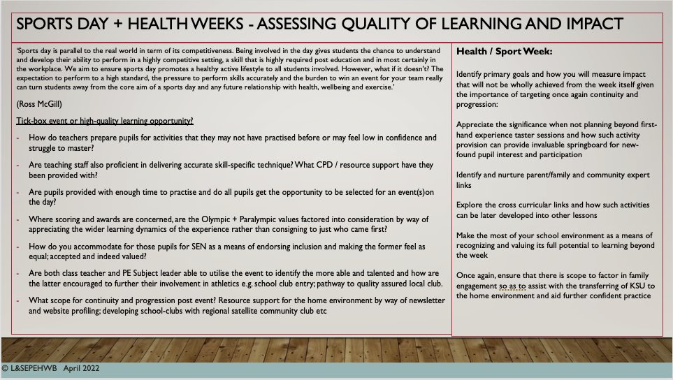 LondonPehwb's tweet image. How do PE Specialists+Senior Teaching Staff evaluate their #SportsDays?Did the events actively endorse inclusion with all pupils involved?Were pupils appropriately prepared+taught the necessary techniques to thrive? Were pupils active for majority of time?Barriers still existing?