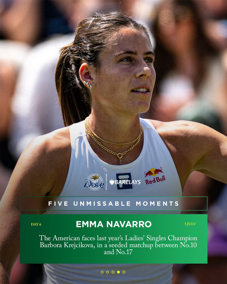 Wimbledon (@wimbledon) on Twitter photo Emma Navarro comes up against defending Ladies' Singles Champion Barbora Krejcikova on No.1 Court 👀
#FiveUnmissableMoments, presented by <a href="/BarclaysUK/">Barclays UK</a> Emma Navarro comes up against defending Ladies' Singles Champion Barbora Krejcikova on No.1 Court 👀
#FiveUnmissableMoments, presented by <a href="/BarclaysUK/">Barclays UK</a>