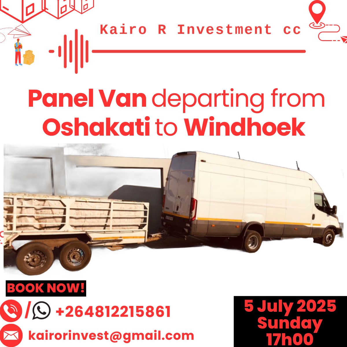 kairo_r_invest's tweet photo. For all logistics bookings and to send any commodities, 
please contact us via:  
Call/WhatsApp: +264 81 22 15861
Email: kairorinvest@gmail.com 
#transportation #transportationinwindhoek #windhoektransportation https://t.co/kN7Hu2duGW