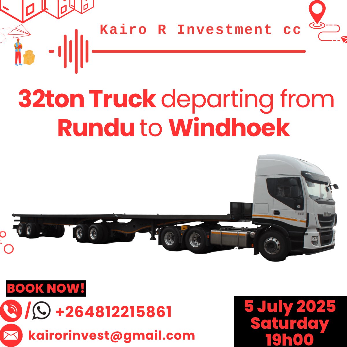 kairo_r_invest's tweet photo. For all logistics bookings and to send any commodities, 
please contact us via:  
Call/WhatsApp: +264 81 22 15861
Email: kairorinvest@gmail.com 
#transportation #transportationinwindhoek #windhoektransportation https://t.co/kN7Hu2duGW