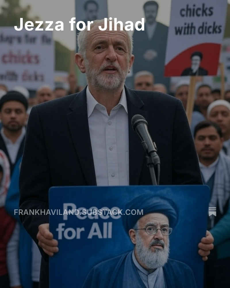 'Rumours are that #Corbyn is in discussion with Ayatollah Khamenei – Minister for Women and Equalities, keen to relocate, as well as Salman Abedi (Home Secretary) and Anjem Choudary (Foreign Secretary), both of whom are willing to ‘work from home’.' #Jezbollah #TheFrankReport
