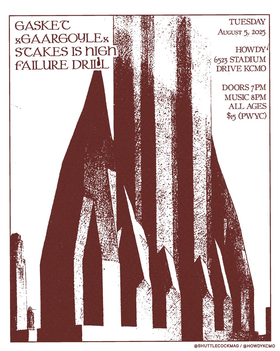 Tuesday, August 5: Gasket (Baltimore, MD) and xGaargoylex (Louisville, KY) visit Kansas City for a gig with Stakes Is High and Failure Drill. Music at 8pm. $15 (PWYC). All ages.