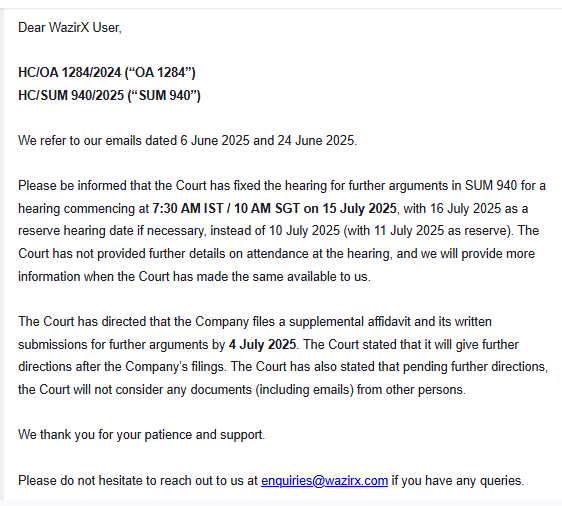 EverythingAjay's tweet photo. Yesterday - July 4, was the deadline given by the 🇸🇬 Singapore Court to #WazirX to submit affidavit &amp; all the written documents so that the court can give its decision on July 15

Does WazirX submit everything that’s been asked ?🤔

It’s been almost 1 year 🤷🏻 https://t.co/2Hl7rXpr0y