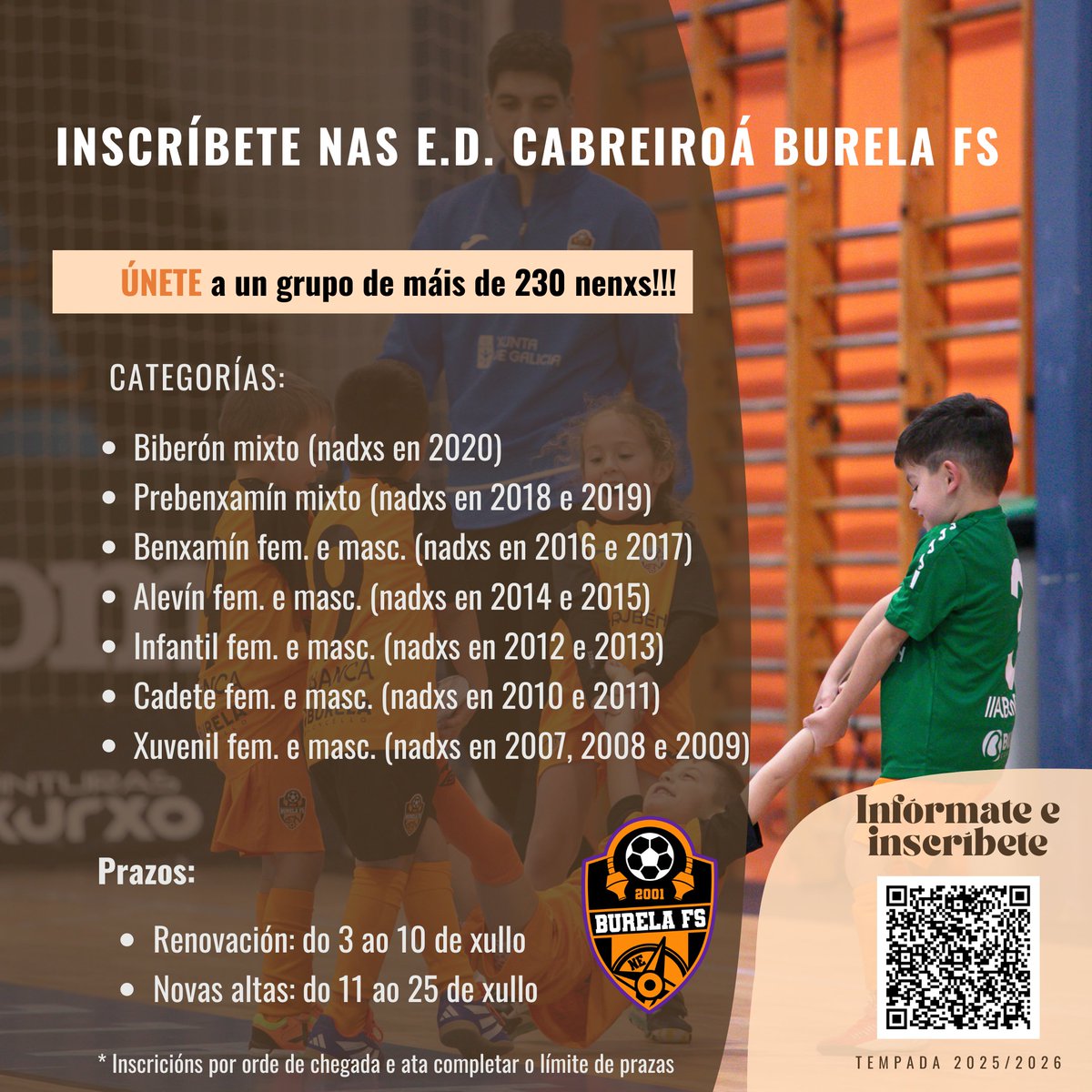 🥅 Escolas Deportivas 𝐂𝐚𝐛𝐫𝐞𝐢𝐫𝐨𝐚́ 𝐁𝐮𝐫𝐞𝐥𝐚 𝐅𝐒 ⚽️

✍️ Aberto o prazo de inscrición para aquelxs nenxs que 𝐬𝐢𝐠𝐚𝐧 nas escolas (teñen ata o 𝐱𝐨𝐯𝐞𝐬 𝟏𝟎 𝐝𝐞 𝐱𝐮𝐥𝐥𝐨)

🆕 𝐍𝐨𝐯𝐚𝐬 𝐚𝐥𝐭𝐚𝐬: do venres 11 ao venres 25 de xullo (*inscricións por orde de