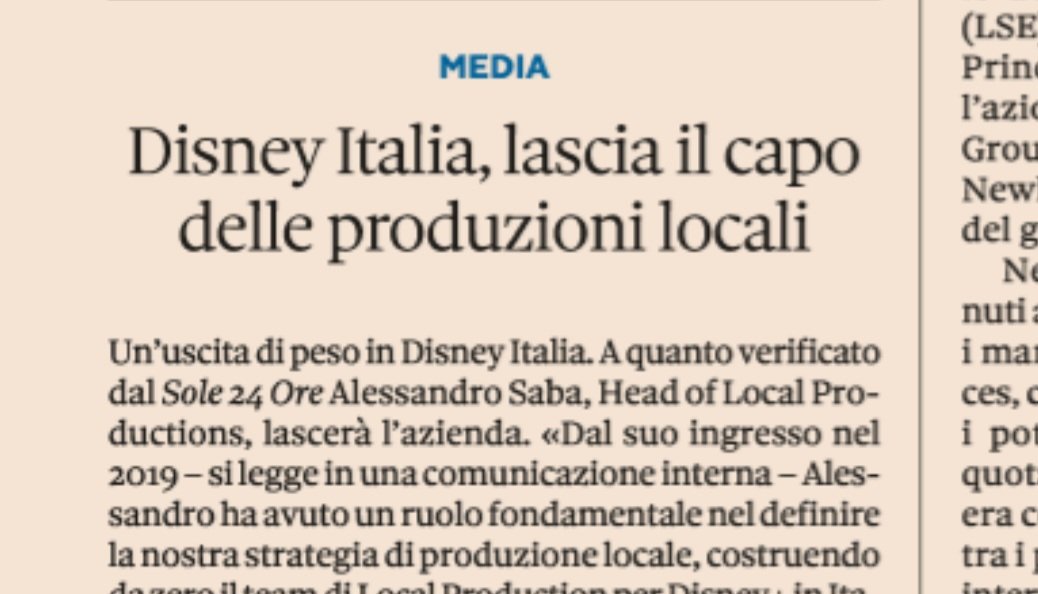 In #Disney Italia lascia il capo delle produzioni locali. Oggi sul <a href="/sole24ore/">IlSole24ORE</a>