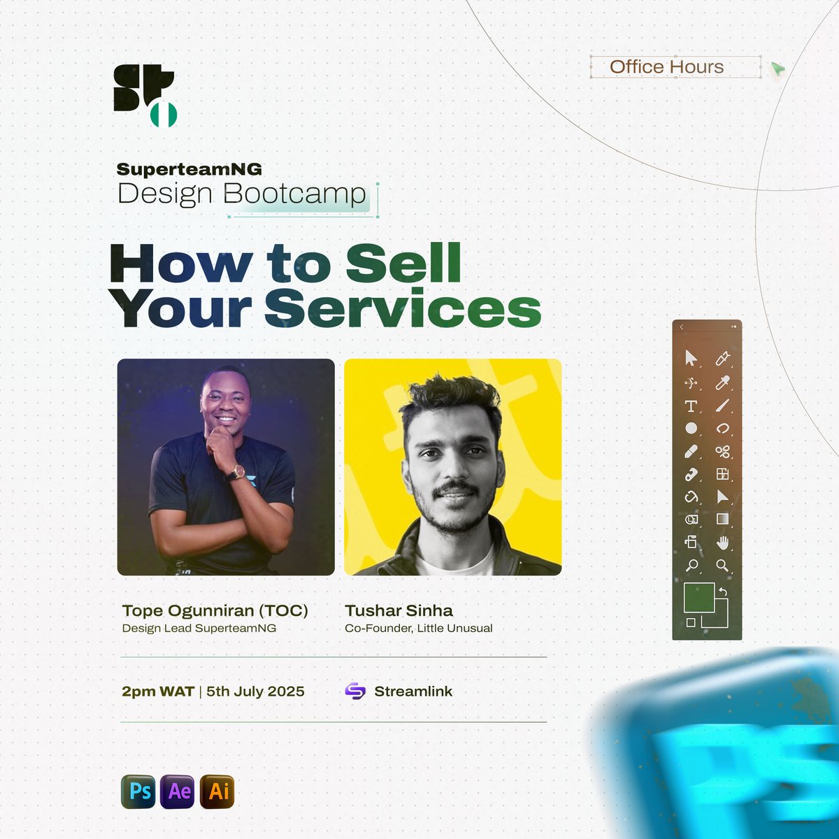Tope Ogunniran (𝐓𝐎𝐂) (@callme_toc) on Twitter photo 🚨 OFFICE HOURS ALERT! 🚨
Happening today at the SuperteamNG AI Design Bootcamp.
Topic: How to Sell Your Services
Guest: <a href="/tusharsinhaji/">Tushar sinha</a> (Co-founder, Little Unusual)
Date: July 5th, 2025
Time: 2PM WAT
Location: Streamlink
Come learn how to position, pitch, and profit from your 🚨 OFFICE HOURS ALERT! 🚨
Happening today at the SuperteamNG AI Design Bootcamp.
Topic: How to Sell Your Services
Guest: <a href="/tusharsinhaji/">Tushar sinha</a> (Co-founder, Little Unusual)
Date: July 5th, 2025
Time: 2PM WAT
Location: Streamlink
Come learn how to position, pitch, and profit from your