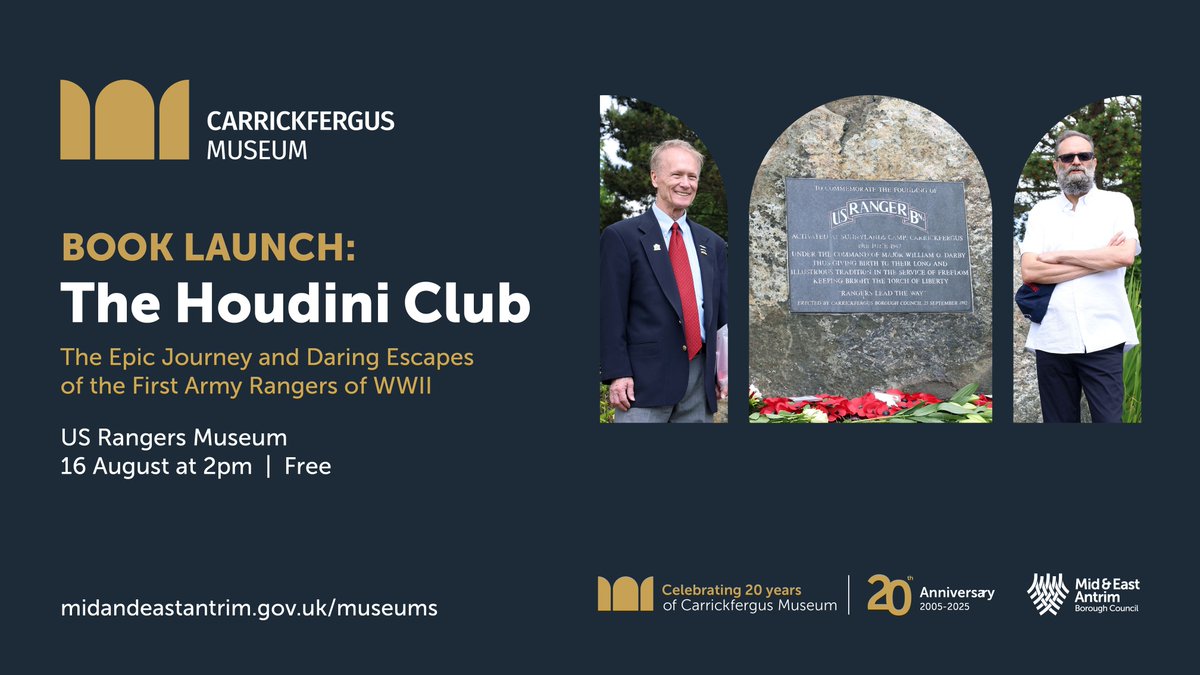 Mid and East Antrim Borough Council (@mea_bc) on Twitter photo π Book Launch: The Houdini Club π
The Epic Journey and Daring Escapes of the First Army Rangers of WWII
By Mir Bahmanyar
π US Rangers Museum, Carrickfergus
π Saturday 16 August 2025
π 2pm
π FREE but booking required: orlo.uk/Houdini_R2o3E
#MEAHeritage π Book Launch: The Houdini Club π
The Epic Journey and Daring Escapes of the First Army Rangers of WWII
By Mir Bahmanyar
π US Rangers Museum, Carrickfergus
π Saturday 16 August 2025
π 2pm
π FREE but booking required: orlo.uk/Houdini_R2o3E
#MEAHeritage
