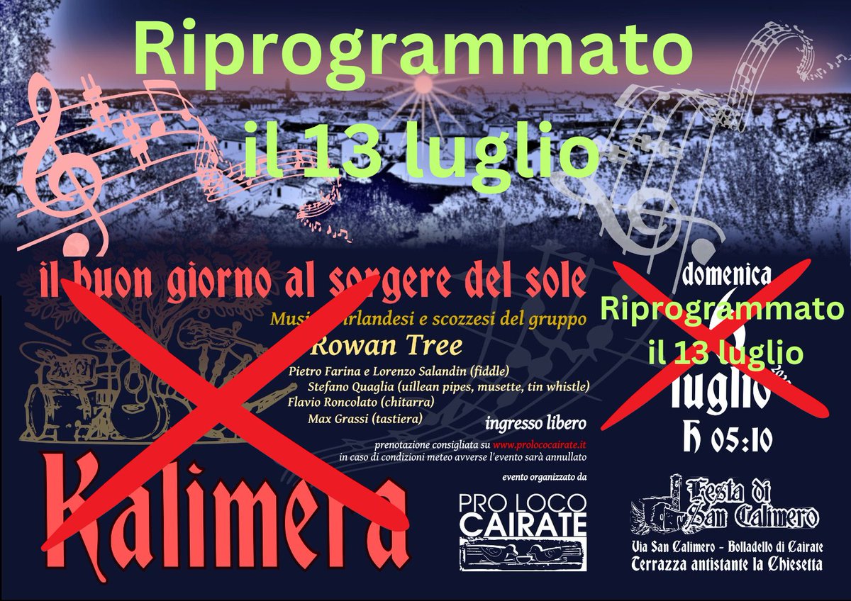 ⚠️⚠️⚠️ Causa previsioni meteo il concerto all'aperto KALIMERA - IL BUON GIORNO AL SORGERE DEL SOLE previsto per domenica 6 luglio è rimandato a domenica 13 luglio

Orario e luogo rimangono invariati

prolococairate.it 
Prolococairate@gmail.com 
+393451018929