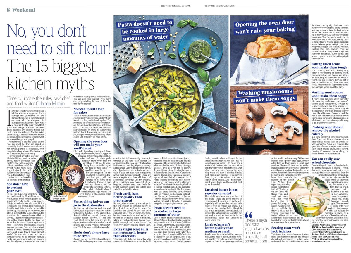 Hamilton Flart (@lennylaw) on Twitter photo Excellent from <a href="/orlandomurrin/">Orlando Murrin</a> but I’d add some more.
1) Salt won’t kill dried yeast.
2) Don’t use flour to thicken sauces. Use cornflour.
3) Alcohol evaporates whether you set light to it or not. Flambée is just performance.
There’s so many more canards. You could write a book. Excellent from <a href="/orlandomurrin/">Orlando Murrin</a> but I’d add some more.
1) Salt won’t kill dried yeast.
2) Don’t use flour to thicken sauces. Use cornflour.
3) Alcohol evaporates whether you set light to it or not. Flambée is just performance.
There’s so many more canards. You could write a book.