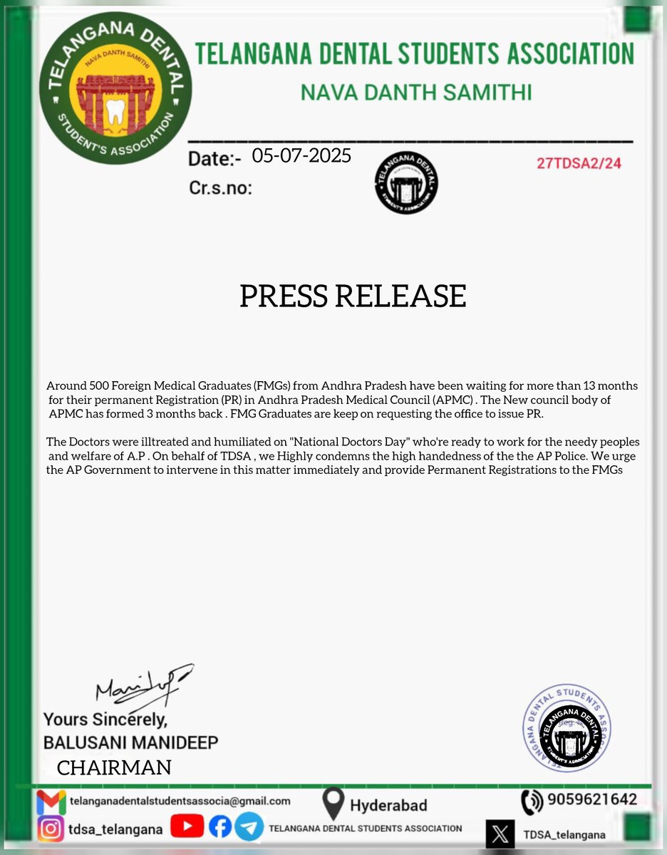 TDSA_TELANGANA's tweet image. TDSA Highly condemns the high handedness of the the AP Police. We urge the AP Government to intervene in this matter immediately and provide Permanent Registrations to the FMGs.
@ncbn @satyakumar_y  @PawanKalyan @naralokesh 
@AndhraPradeshCM