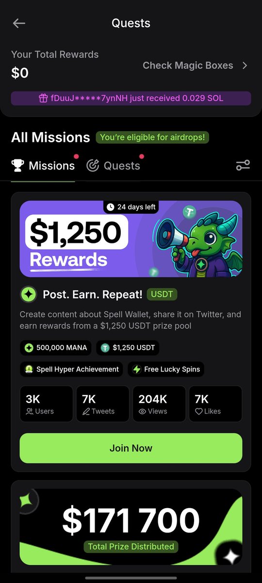 Lanzema_sol's tweet photo. - The Quests Tab on @spell_club wallet is my favorite. Daily puzzles and challenges keep things fresh, and you can earn MANA while securing your account.
Pro tip: Check the sleek new quest designs for a better experience. #DailyPuzzles
- The recent @spell_club Wallet App Launch Campaign gave out $1000 USDT, free lucky spins, and special achievements. Season 7 of the Special Roles Campaign is live now jump in for great and exciting rewards. #CryptoRewards