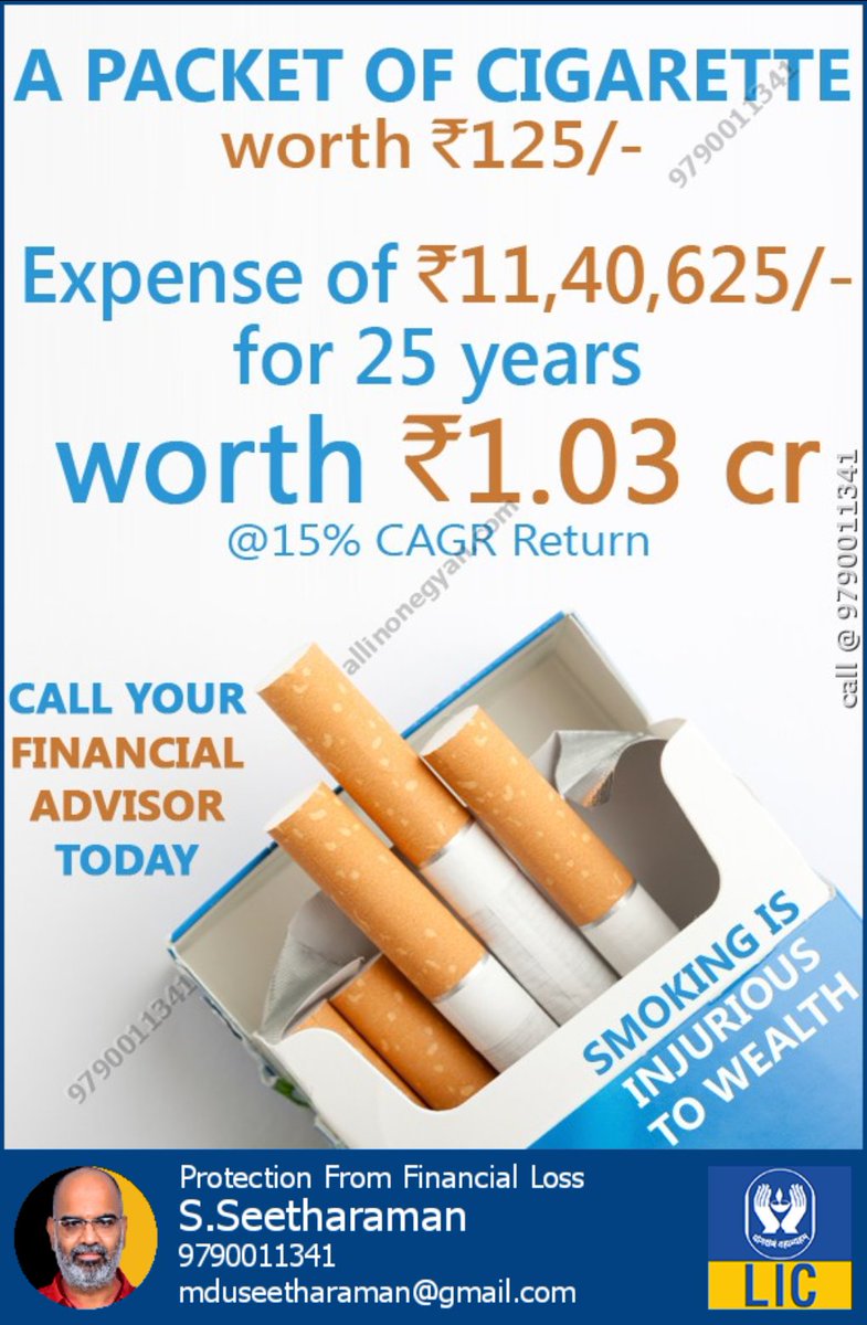 bzybeeinsurance's tweet image. Leave Cigarettes, Choose Wealth!

Skip ₹125 pack now to save ₹1.03 cr over 25 years at 15% CAGR. Call @9790011341 to secure your future today. 

#InvestSmart #FinancialFreedom

#bzybee #insurance #lifeinsurance #lic #madurai #uthangudi