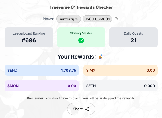 Claimed my allocations for END. Smooth, straight-forward process.

Also awaiting the airdrop from S1 now.

Thanks to <a href="/TheTreeverse/">Treeverse</a> and <a href="/EndlessCFDN/">Endless Clouds Foundation</a> for this!
