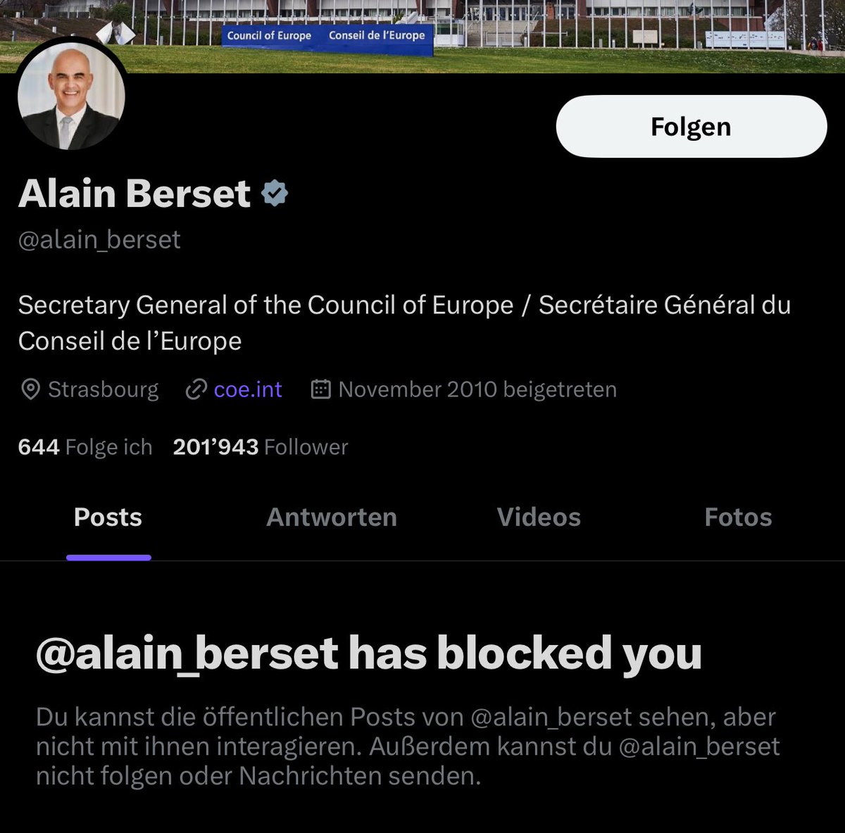 ALAIN BERSET HAS BLOCKED YOU 🥺

Nachdem mich der Ex-Gesundheitsminister, der Schweizer Corona-Haupttäter und Generalsekretär des Europarates, im April 2022 auf Instagram blockiert hat, bricht er mir nun auch auf X das Herz.

Ich brauche jetzt Erholung im Schwarzwald.