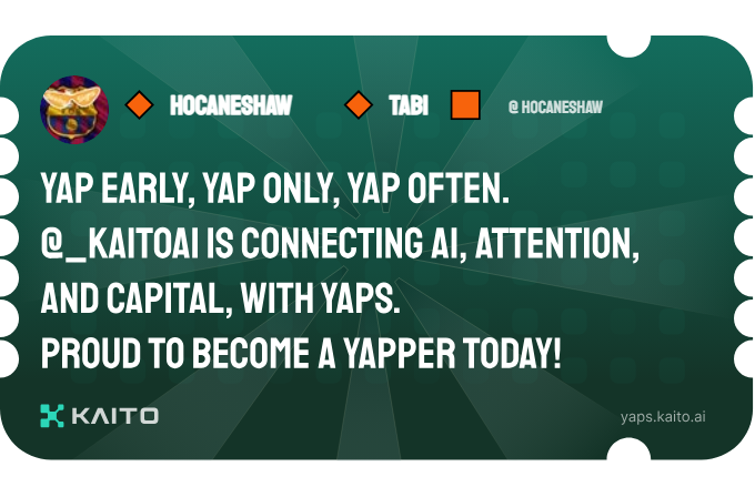 hocaneshaw's tweet photo. Yap early, yap only, yap often.

@KaitoAI is connecting AI, attention and capital with Yaps.

Just claimed my social card and I'm accumulating Yap points in real-time.

Claim yours 👉 https://t.co/Z0UpN9VXLU https://t.co/CdMoBxOzvd