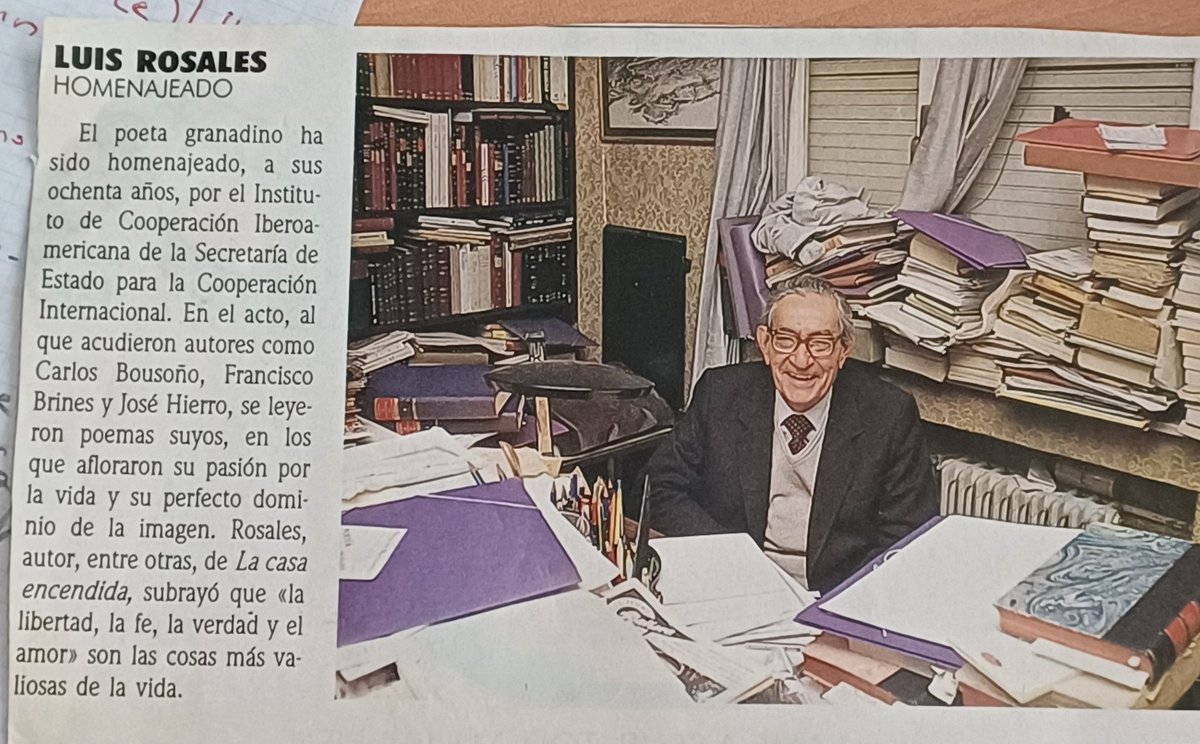 Aquí  tenéis el recorte de prensa de un homenaje que le hizo el Instituto de Cooperación iberoamericana, al final de su vida, en 1991. Murió un año más tarde. Lo curioso es la foto que se hizo en su despacho de Vallehermoso y ya podéis ver cómo estaba, hasta arriba de papeles.