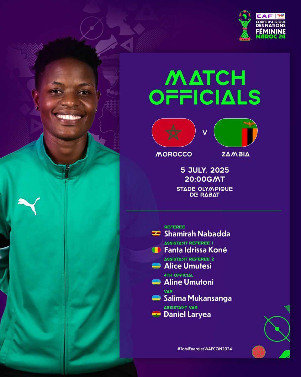 Your match officials for the #TotalEnergiesWAFCON2024 Opening Match. 

🏟️⚽️🇲🇦Morocco v Zambia🇿🇲

 #BornWinners #TotalEnergiesWAFCON2024