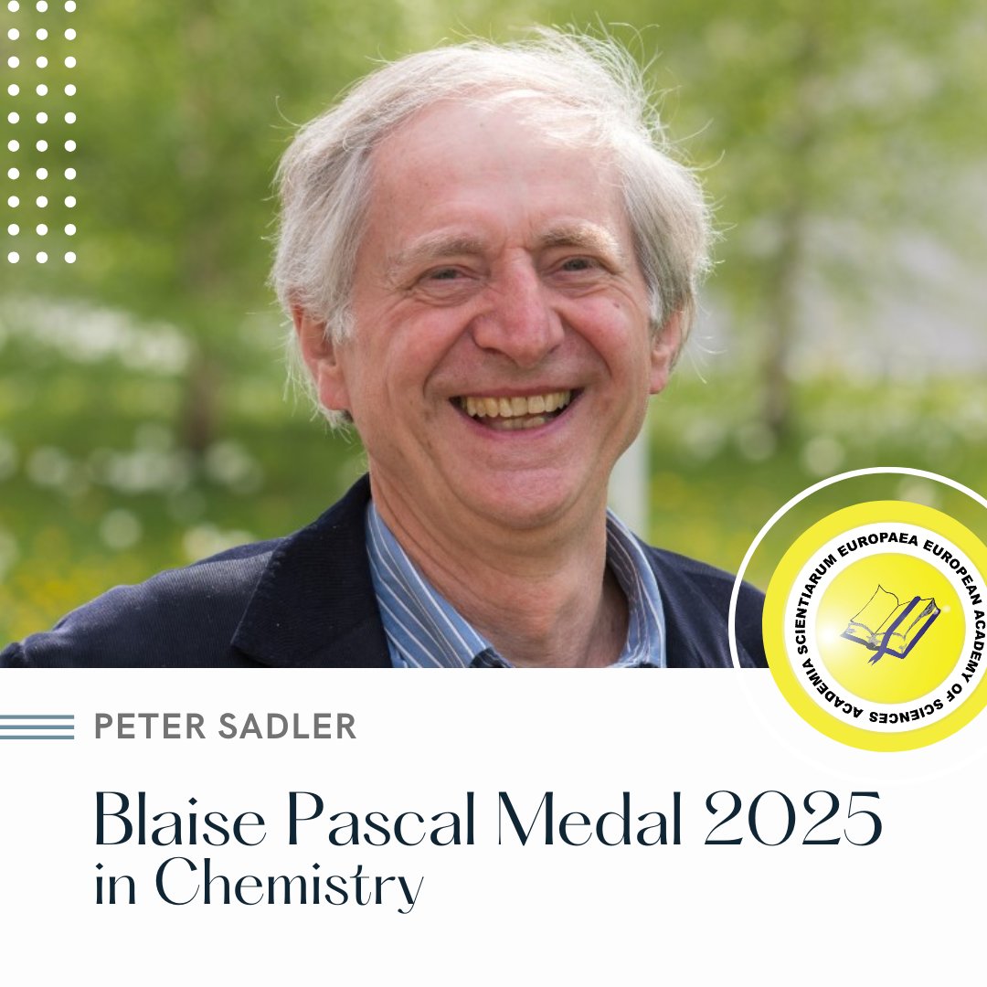2025 Blaise Pascal Medal in Chemistry

Prof. Peter Sadler is honored with the 2025 Blaise Pascal Medal in Chemistry for his pioneering contributions to the field of bioinorganic chemistry and his lifelong dedication to advancing metal-based therapeutics.

eurasc.eu/2025-award-rec…