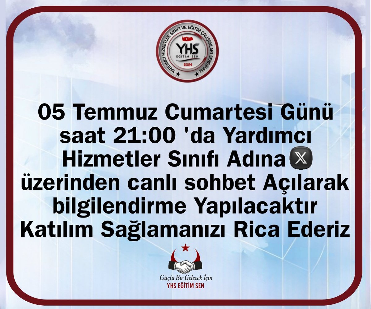 Yardımcı Hizmetler Sınıfı Platformu (@yhsplatform) on Twitter photo 05 Temmuz cumartesi saat 21 :00 'da #YardımcıHizmetlerSınıfı adına X üzerinden canlı yayın acılarak bilgilendirmeler yapılacaktır katılım sağlamanızı rica ederiz <a href="/yhsegitimsen/">Yardımcı Hizmetler Sınıfı Eğitim Sendikası</a> <a href="/yhsplatform/">Yardımcı Hizmetler Sınıfı Platformu</a> <a href="/YhsPlatformu/">Yardımcı Hizmetler Sınıfı Platformu</a> <a href="/yardimcihizmet1/">Yardımcı Hizmetler Sınıfı DERNEĞİ</a> <a href="/YhsBuroSen/">Yardımcı Hizmetler Sınıfı Büro Sendikası</a> <a href="/YhsSaglikSen/">Yardımcı Hizmetler Sınıfı Sağlık Sendikası</a> 05 Temmuz cumartesi saat 21 :00 'da #YardımcıHizmetlerSınıfı adına X üzerinden canlı yayın acılarak bilgilendirmeler yapılacaktır katılım sağlamanızı rica ederiz <a href="/yhsegitimsen/">Yardımcı Hizmetler Sınıfı Eğitim Sendikası</a> <a href="/yhsplatform/">Yardımcı Hizmetler Sınıfı Platformu</a> <a href="/YhsPlatformu/">Yardımcı Hizmetler Sınıfı Platformu</a> <a href="/yardimcihizmet1/">Yardımcı Hizmetler Sınıfı DERNEĞİ</a> <a href="/YhsBuroSen/">Yardımcı Hizmetler Sınıfı Büro Sendikası</a> <a href="/YhsSaglikSen/">Yardımcı Hizmetler Sınıfı Sağlık Sendikası</a>