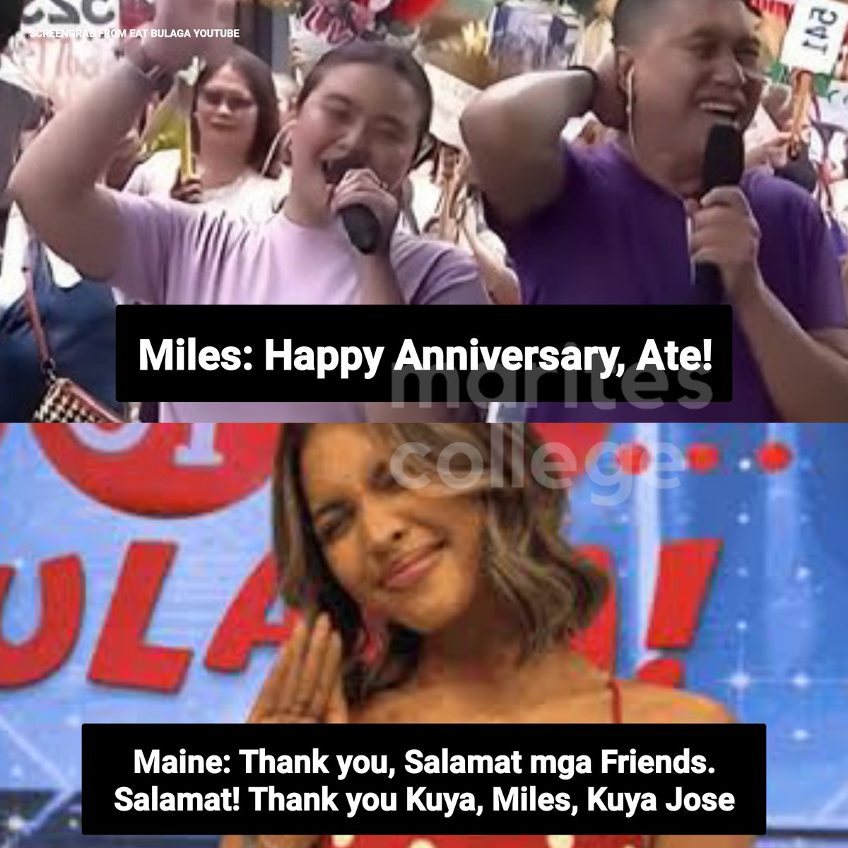 holaphofficial's tweet photo. BATI SILA!

Maine Mendoza, nag-celebrate ng kanyang 10th anniversary sa Eat Bulaga, Miles Ocampo, binati si Maine.

Miles: Happy Anniversary, Ate!
Wally: Menggay, Congrats, Maine!
Maine: Thank you, Salamat mga friends. Salamat! Thank you Kuya, Miles, Kuya Jose.🫰 https://t.co/zTWDrv3bhW