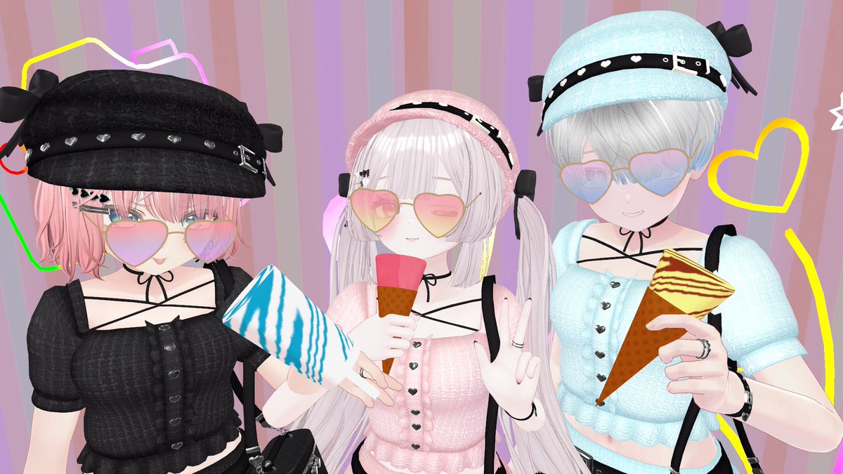 本日発売の新作衣装を着て、ここちろりちゃん( <a href="/sybersyber1234/">夢に向かう！！ここちろり🌟🍭登録者2万人！</a> )とコウヤくん( <a href="/StrayDog58/">コウヤ</a> )と一緒にお揃いデートしてきたよ〜💖お出かけコーデにぴったりなので、是非チェックしてみてね👀
発売記念BIGSALEも開催中だよ〜‼️

#StellaCloset #VRChat