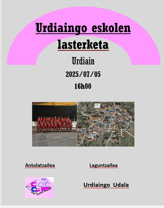 Atzo kadeteak izan baziren Urdiainen gaur larunbata eskolen ordua izango da 16h00tatik aurrera. Si ayer organicemos la carrera de cadetes en Urdiain hoy es les toca a las escuelas desde las 16h00