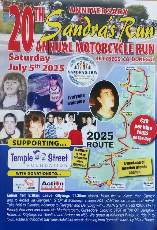 welovedonegal's tweet image. #Donegal Look out for 100s of #motorbikes today for the annual #SandrasRun  

#Killybegs at 11.30 then #Kilcar #Carrick #Ardara #Glenties #Dungloe #Derrybeg #Gweedore 

In memory Sandra Boyle who lost her life to #cancer on eve of her 18th bday &amp;amp; organised by her parents &amp;amp; sister
