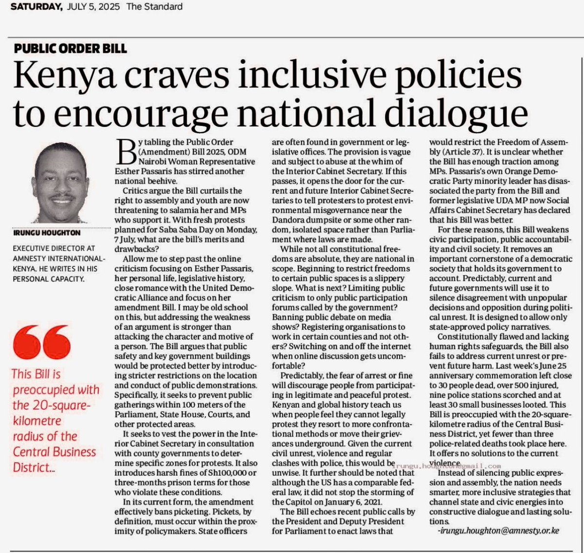 irunguhoughton's tweet image. Instead of muzzling public expression+assembly, the nation needs smarter, inclusive strategies that channel state-civic energies into a lasting solution. 
Hon @EstherPassaris Public Order (Amt) Bill 2025: A review
irunguhoughton.org/post/authorita…
#StandardSettingKE #ProtectTheProtestKE
