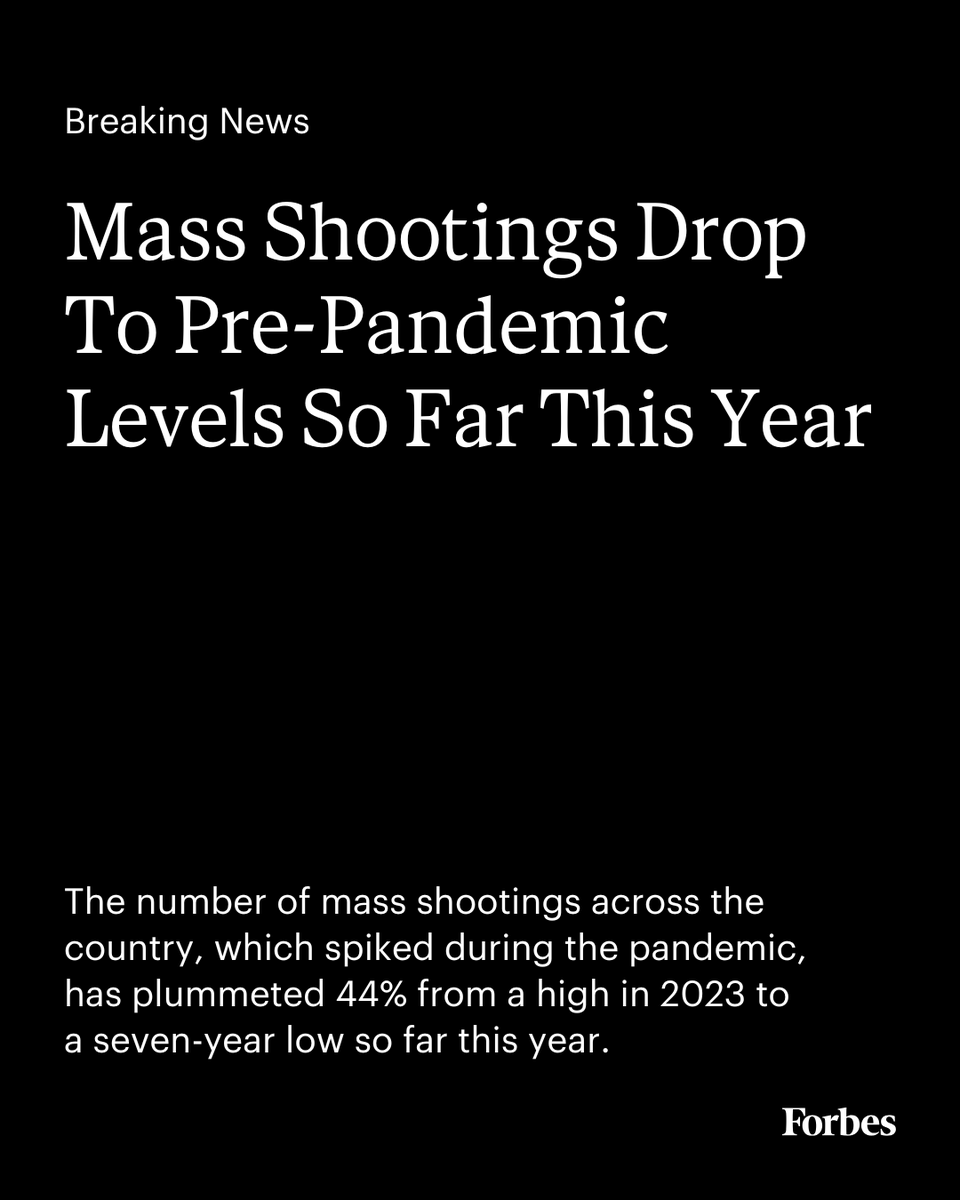 Forbes's tweet image. The first six months of 2025 have seen the lowest rate of mass shootings through July 2 since 2018, when 159 incidents were recorded. trib.al/yPb3XXN
