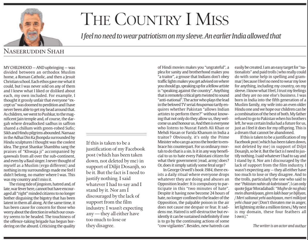 AdityaRajKaul's tweet photo. Naseeruddin Shah writes an entire column in The Indian Express titled “The Country I miss” suggesting bigotry and radicalisation is increasing in India.

Why is Shah wearing blinkers on Islamist terrorism and radicalisation over last three decades targeting Indians? Why no words? https://t.co/KWTPBADSCJ