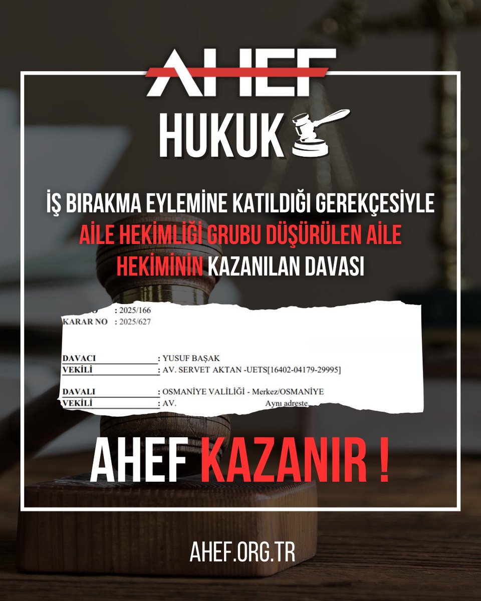 İŞ BIRAKMA EYLEMİNE KATILDIĞI GEREKÇESİYLE AİLE HEKİMLİĞİ GRUBU DÜŞÜRÜLEN AİLE HEKİMİNİN KAZANILAN DAVASI⬇️
ahef.org.tr/Detay/3397/IS-…