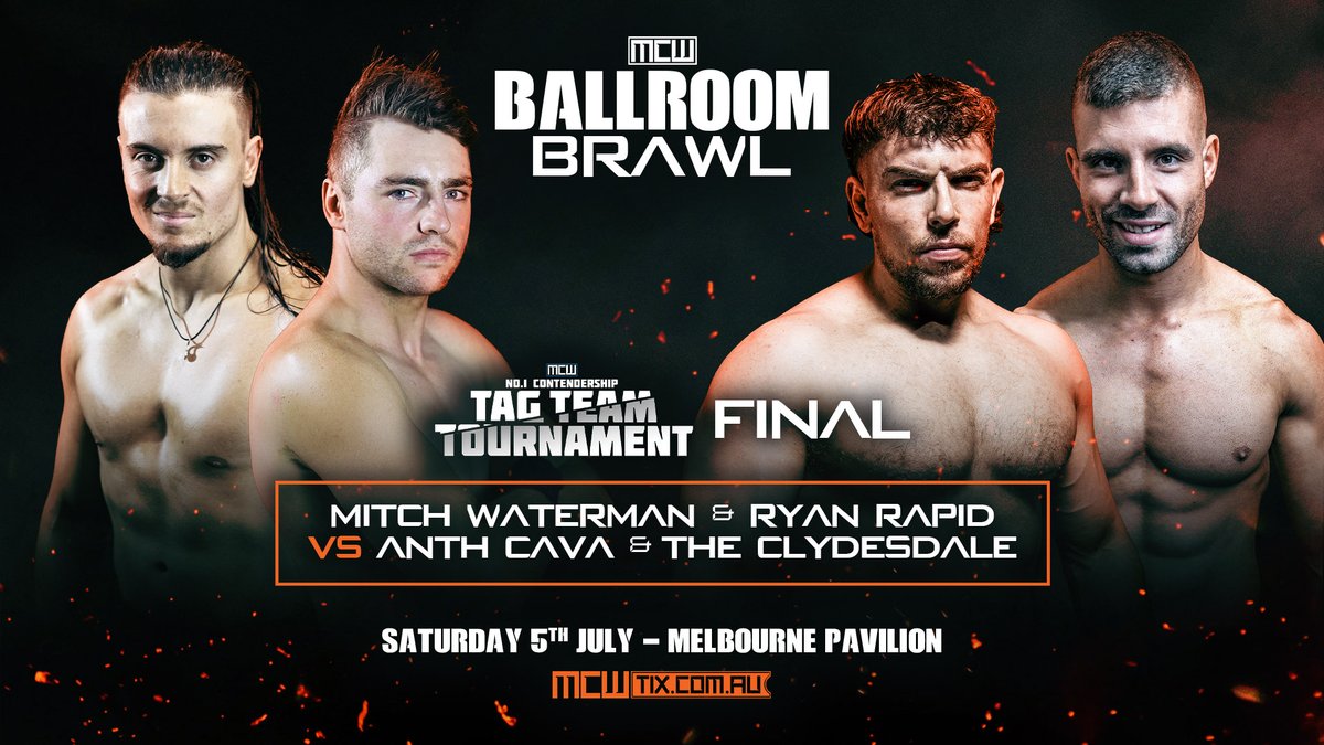 Let’s see who’s going to be the new champs! Will it be <a href="/theclydesdalecc/">The Clydesdale</a> &amp; <a href="/Anth_Cava/">‘Absolute Excellence’ Anth Cava</a>, or will <a href="/RyanRapid1/">Ryan Rapid</a> &amp; <a href="/MitchWatermanPW/">Mitch Waterman</a> take it out? Who’s your pick? #MCWBallroomBrawl