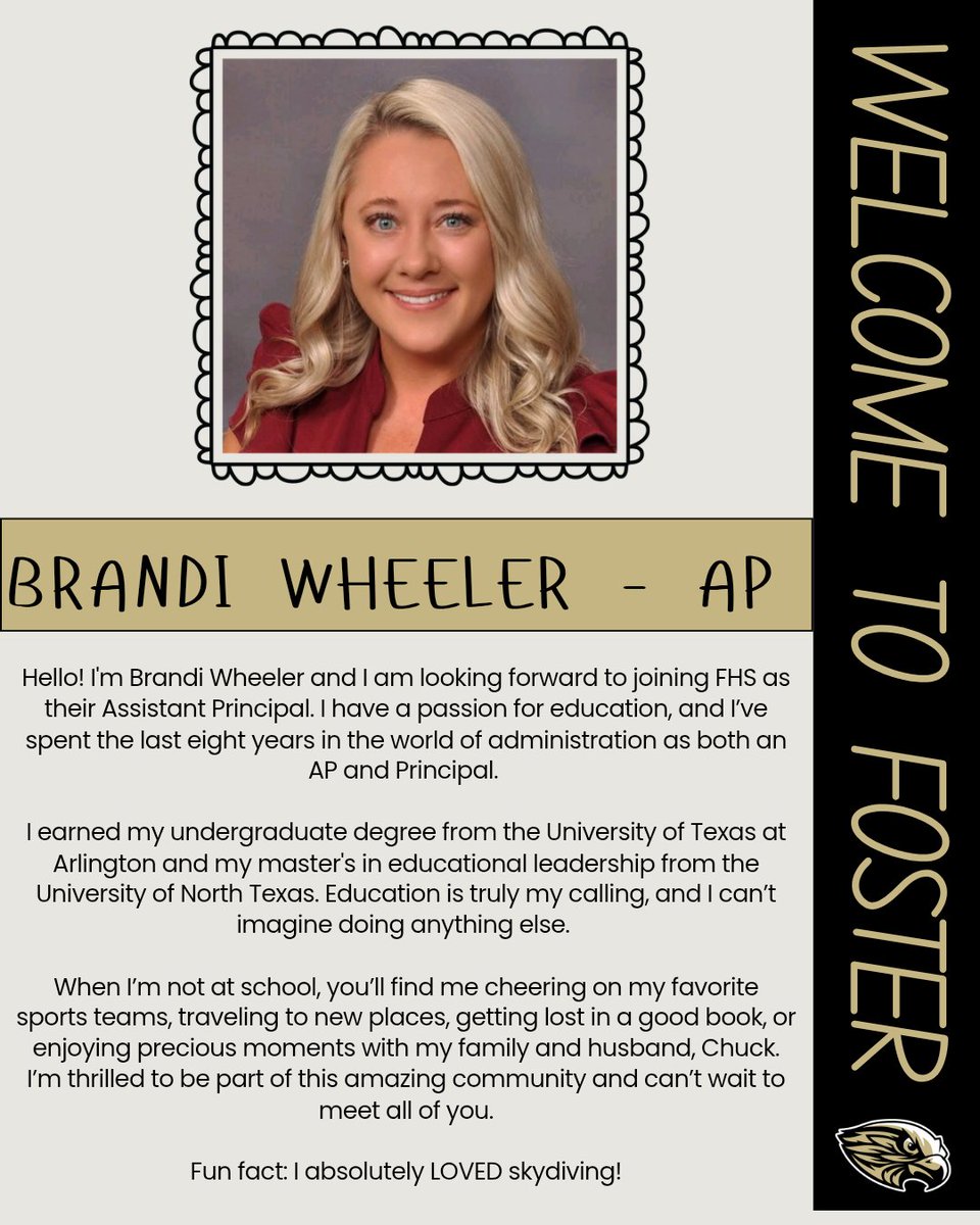 FosterHSNews's tweet image. A big Falcon welcome to Brandi Wheeler, our new Assistant Principal! We're happy to have you joining our Foster Family!