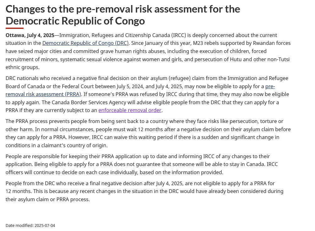Changes to the pre-removal risk assessment for the Democratic Republic of Congo - July 4, 2025 - canada.ca/en/immigration… #cndimm #PRRA