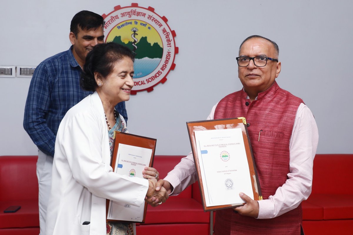 #IITRopar  and #AIIMSRishikesh sign MoU for research and innovation collaboration.

The MoU was signed by Prof. Rajeev Ahuja, Director, IIT Ropar, and Prof. Meenu Singh, Executive Director &amp; CEO, AIIMS Rishikesh.