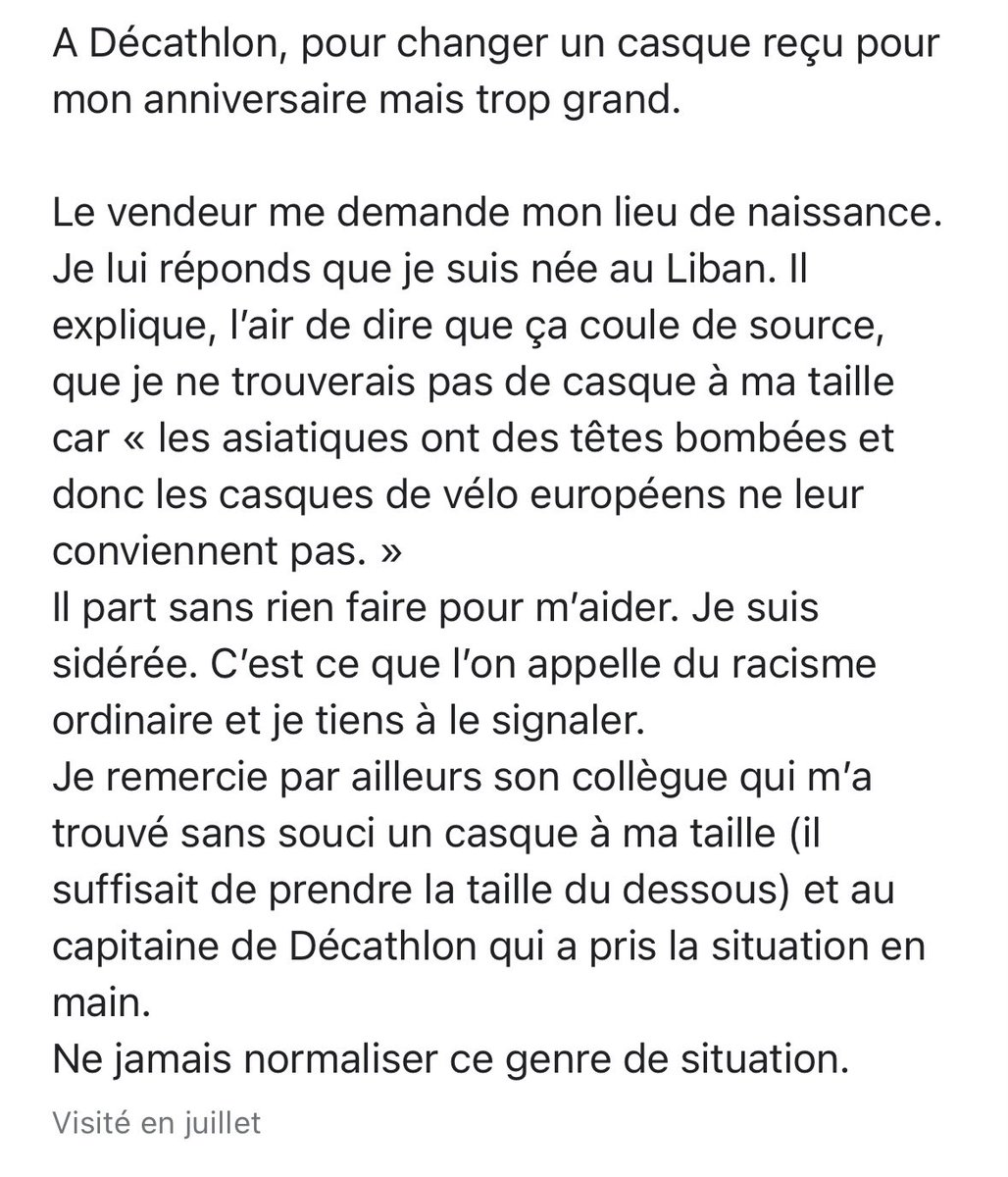 LeaMoukanas's tweet image. Racisme ordinaire d’un vendeur chez @Decathlon Madeleine.
Je poste ici car visiblement mon avis n’est pas accepté sur Google.
Ne rien laisser passer.