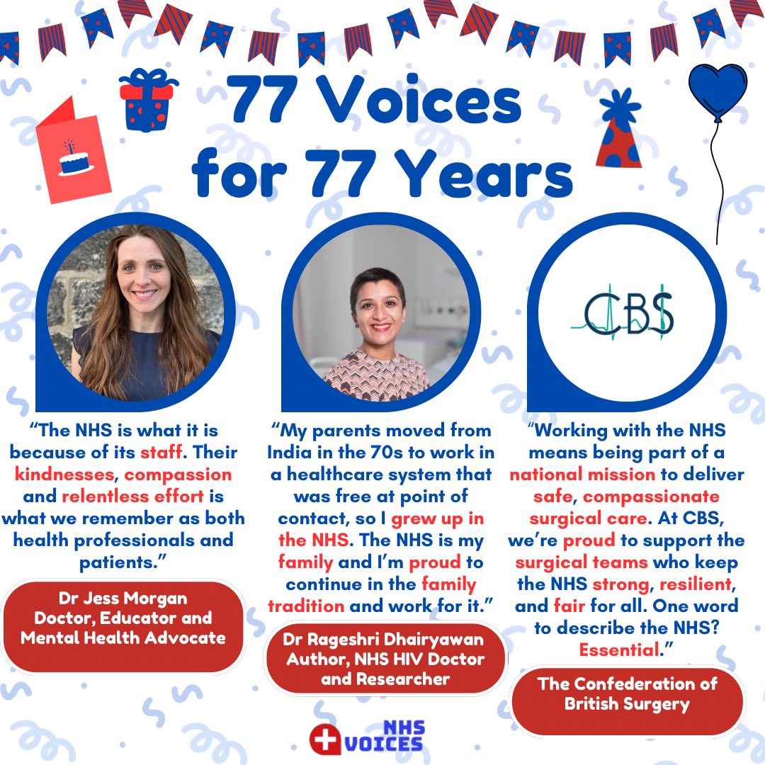 NHS Voices (@nhs_voices) on Twitter photo <a href="/TargetOvarian/">Target Ovarian Cancer</a> <a href="/keepnhspublic/">Keep Our NHS Public</a> <a href="/Ovacome/">Ovacome - the ovarian cancer support charity</a> 🎈Voices 10-12 of 77 Voices for 77 Years 🎈
💙 Dr Jess Morgan <a href="/drjessmorgan_/">Jess Morgan</a> - Doctor, Educator & Mental Health Advocate
💙 Dr Rageshri Dhairyawan <a href="/crageshri/">Dr Rageshri Dhairyawan</a> - Author, HIV Doctor & Researcher
💙 The Confederation of British Surgery <a href="/UKSurgeons/">The Confederation of British Surgery</a>
#NHS_Voices #77Voices77Years <a href="/TargetOvarian/">Target Ovarian Cancer</a> <a href="/keepnhspublic/">Keep Our NHS Public</a> <a href="/Ovacome/">Ovacome - the ovarian cancer support charity</a> 🎈Voices 10-12 of 77 Voices for 77 Years 🎈
💙 Dr Jess Morgan <a href="/drjessmorgan_/">Jess Morgan</a> - Doctor, Educator & Mental Health Advocate
💙 Dr Rageshri Dhairyawan <a href="/crageshri/">Dr Rageshri Dhairyawan</a> - Author, HIV Doctor & Researcher
💙 The Confederation of British Surgery <a href="/UKSurgeons/">The Confederation of British Surgery</a>
#NHS_Voices #77Voices77Years