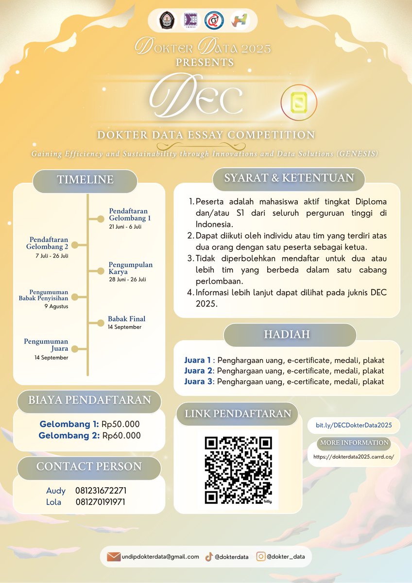 Himasta_Undip's tweet photo. Halo sobatstat 👋🏻
DOKTER DATA IS BACK! Departemen Statistika UNDIP kembali menggelar Dokter Data 2025, dan kali ini makin spesial! Telah dibuka open registration untuk 4 cabang lomba bergengsi. 🐙🤩
Jadi, tunggu apa lagi? Daftar sekarang di https://t.co/YcGfn2k9S4 https://t.co/ILYV01UVbT