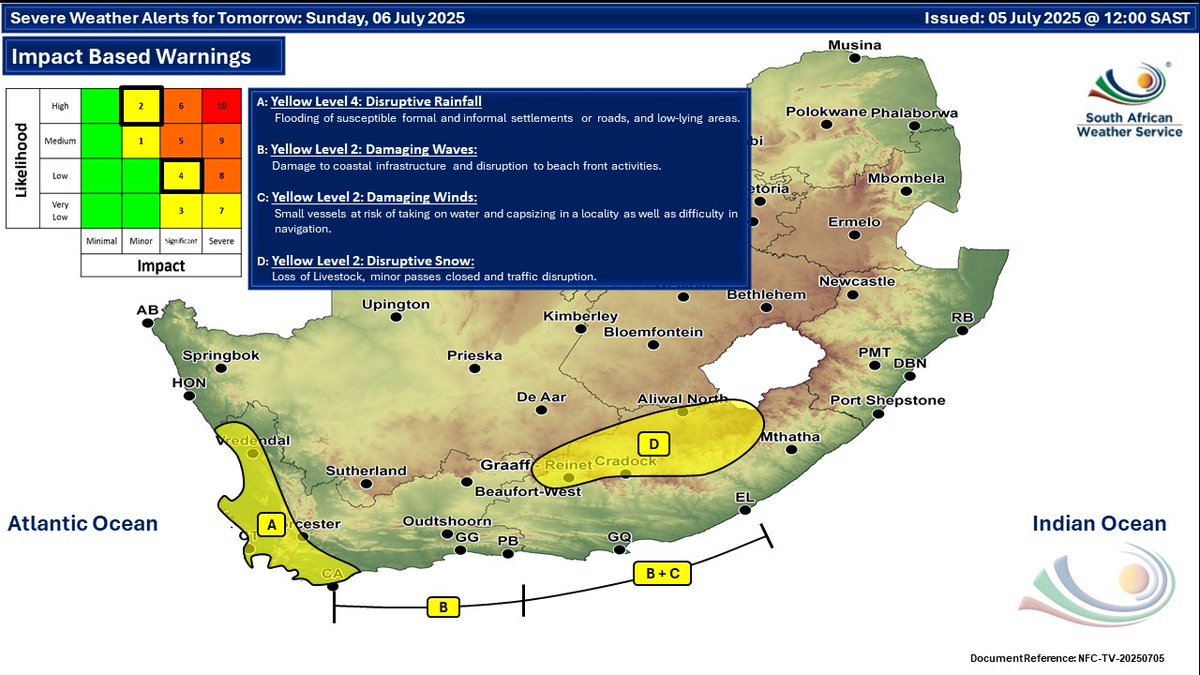 Weather forecast for today &amp; tomorrow, 05 - 06 July 2025.
Rain &amp; showers are expected over the southern &amp;  south eastern parts of the country, with possible disruptive rain and damaging winds along the south coast of the Country, as well as disruptive snow in the Eastern Cape .