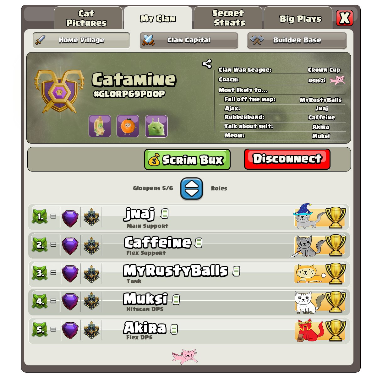 Happy to announce our one and only Catamine players are looking to participate in the <a href="/CrownCupEsports/">Crown Cup</a> newest season of Crown Cup!

We've been upgrading our defenses and trained our troops non stop. Let the clan war begin!