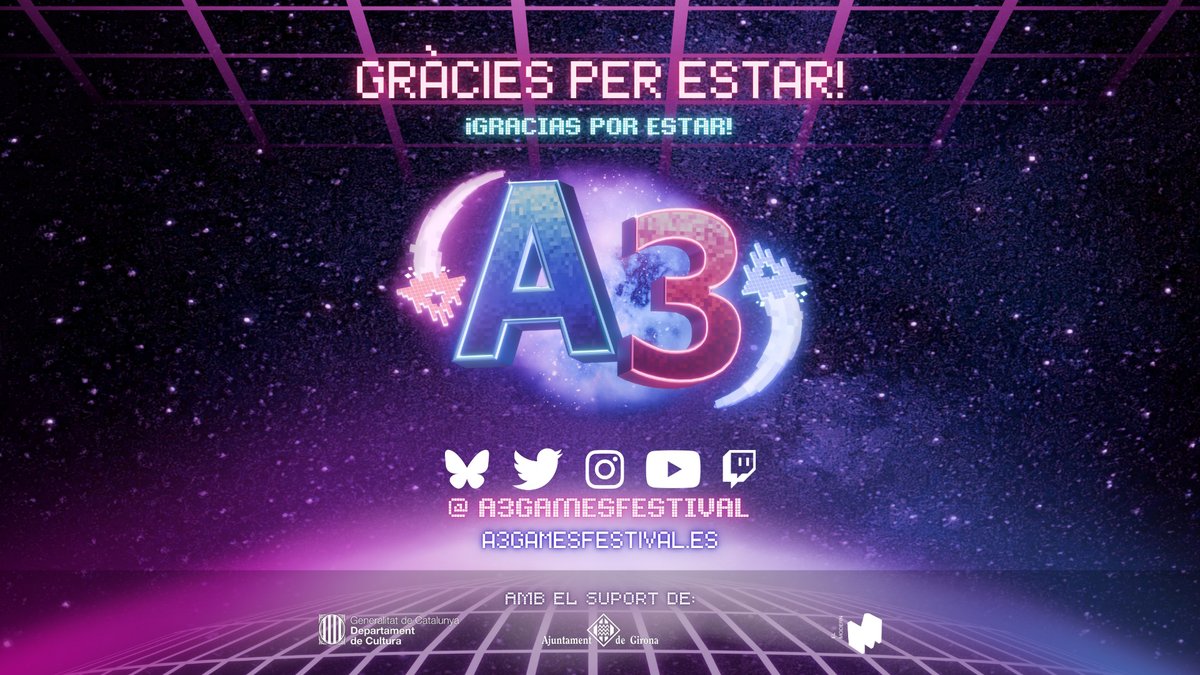A3GamesFestival (@a3gamesfestival) on Twitter photo ¡Esperamos que os haya gustado la cuarta edición del A3 Games Festival! 🥳
Muchísimas gracias a <a href="/SantJordiJam/">Sant Jordi Jam 🌹🐉</a> , <a href="/Sol_Videojoc/">Sol: una novel·la visual en català</a> y <a href="/AndyLotu/">Andrea🍕🤖👁️</a> por sus ponencias, a toda la gente que ha enviado su proyecto y ha traído demo, y a <a href="/ElModern_gi/">El Modern. Centre Audiovisual i Digital de Girona</a> y <a href="/CIFOG/">CIFOG</a> por ayudarnos presencialmente🥰 ¡Esperamos que os haya gustado la cuarta edición del A3 Games Festival! 🥳
Muchísimas gracias a <a href="/SantJordiJam/">Sant Jordi Jam 🌹🐉</a> , <a href="/Sol_Videojoc/">Sol: una novel·la visual en català</a> y <a href="/AndyLotu/">Andrea🍕🤖👁️</a> por sus ponencias, a toda la gente que ha enviado su proyecto y ha traído demo, y a <a href="/ElModern_gi/">El Modern. Centre Audiovisual i Digital de Girona</a> y <a href="/CIFOG/">CIFOG</a> por ayudarnos presencialmente🥰