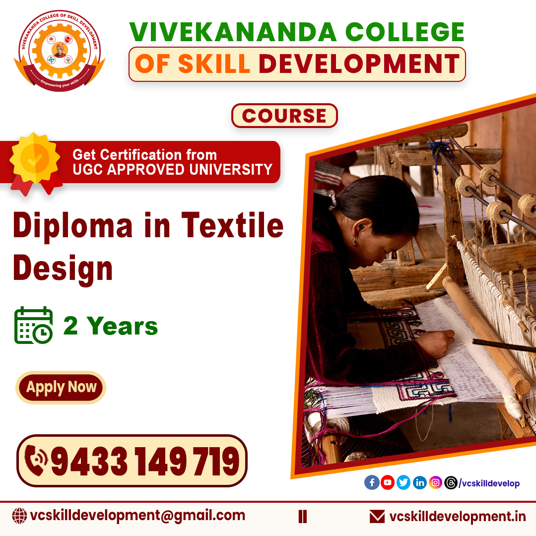 vcskilldevelop's tweet image. 🎨✨Transform Your Creativity into Craft!✨🎨
Admission Open for Diploma in Textile Designing
📍Vivekananda College of Skill Development
🧵Duration: 2 Years | Shape the future of fashion &amp;amp; fabrics!

🎯Start your creative journey today!
📍For Details: 9433149719

#TextileDesigning