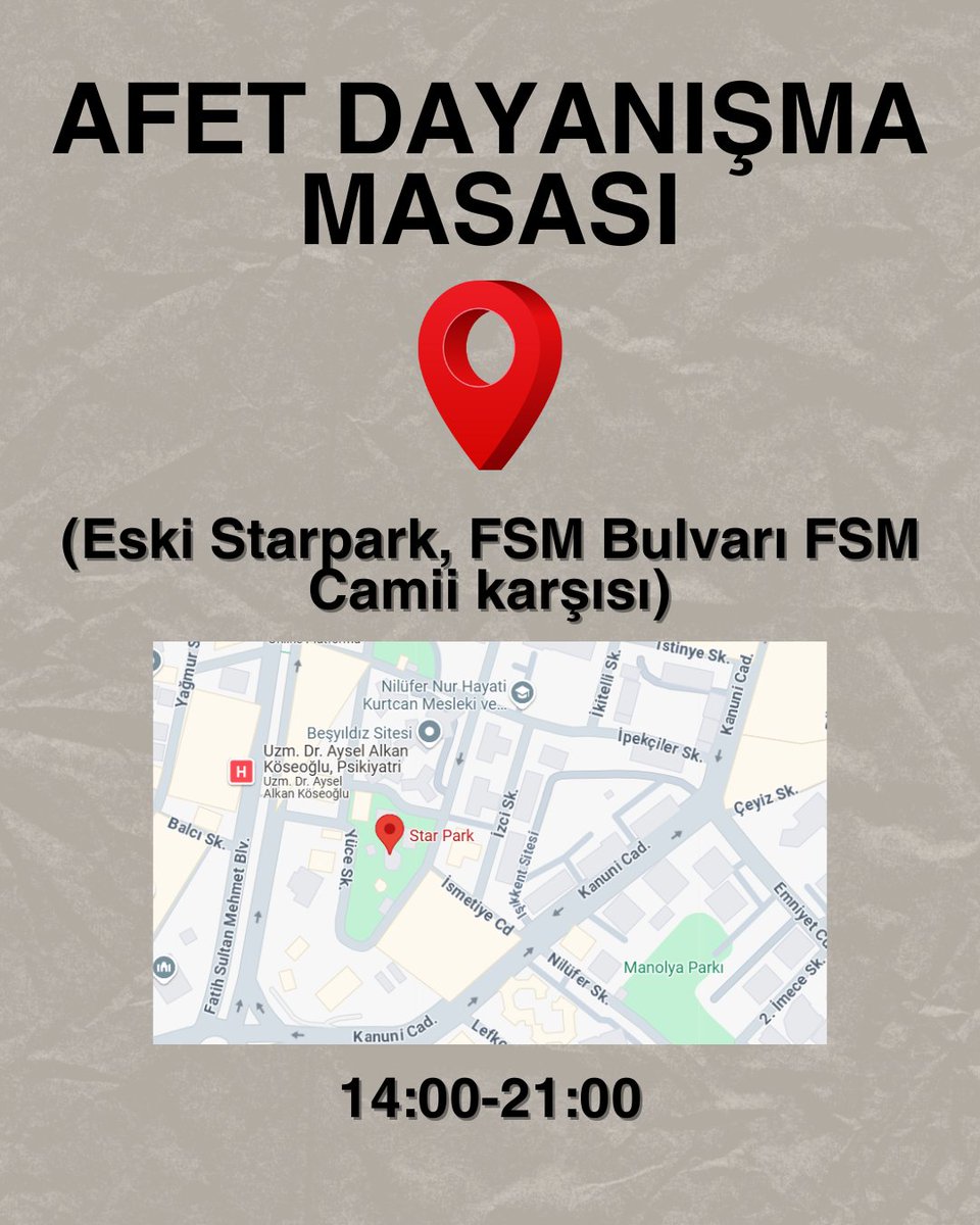 Bursadayanisma's tweet photo. TÜM GENÇLİK HAREKETLERİNE, ÖĞRENCİLERE, SANATÇILARA, SİVİL İNİSİYATİFLERE, MESLEK ODALARINA, ESNAFA, HALKIMIZA ÇAĞRIMIZDIR!

Afet bölgelerinde ihtiyaç hâlâ yakıcı biçimde sürüyor.
 5 TEMMUZ CUMARTESİ GÜNÜ, BURSA NİLÜFER KENT KONSEYİ çatısı altında hep birlikte organize oluyoruz.
Malzeme bazlı, doğrudan ihtiyaçlara yönelik yardımları topluyoruz ve ulaştırıyoruz.
Bu bir yardım değil, bu bir dayanışmadır.
İmkânı olan değil, sorumluluk hisseden herkes gelsin!
📍 (Eski Starpark, FSM Bulvarı, FSM Camii karşısı) – Nilüfer/BURSA
 🕒 Bugün – 14.00 ile 21.00 arasında
 AFET DAYANIŞMA MASASI AKTİF!

Belirlenen ihtiyaçlar dışında maddi destek kabul edilmeyecektir.
 İhtiyaç listesi ve toplanma noktası detayları