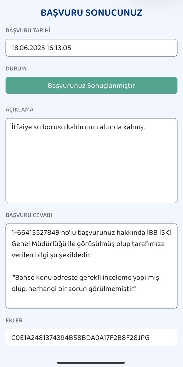 İBB  : Herhangi bir sorun görülmemiştir.

İnşaallah birgün lazım olmaz.

#ibb #belediye
<a href="/ibbitfaiye/">İstanbul İtfaiyesi</a> 
<a href="/IBBcozummerkezi/">İBB Çözüm Merkezi</a> 
<a href="/avcilarbel/">Avcılar Belediyesi</a> 
<a href="/iskignmudurlugu/">İSKİ Genel Müdürlüğü</a>