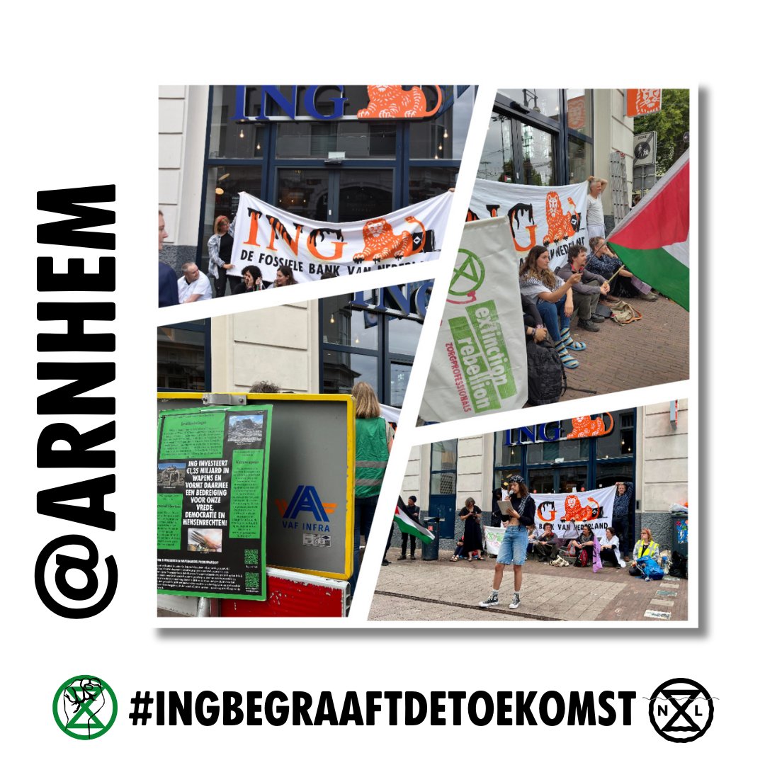 NLRebellion's tweet photo. ING begraaft de toekomst – vandaag begraven wij ING.
We voeren actie bij het ING-kantoor in Arnhem. ING claimt duurzaam te zijn, maar investeert miljarden in fossiele brandstoffen, wapens en de bezetting van Palestina. [1/4] #StopING #Solidariteit https://t.co/qCZvCFxdnl
