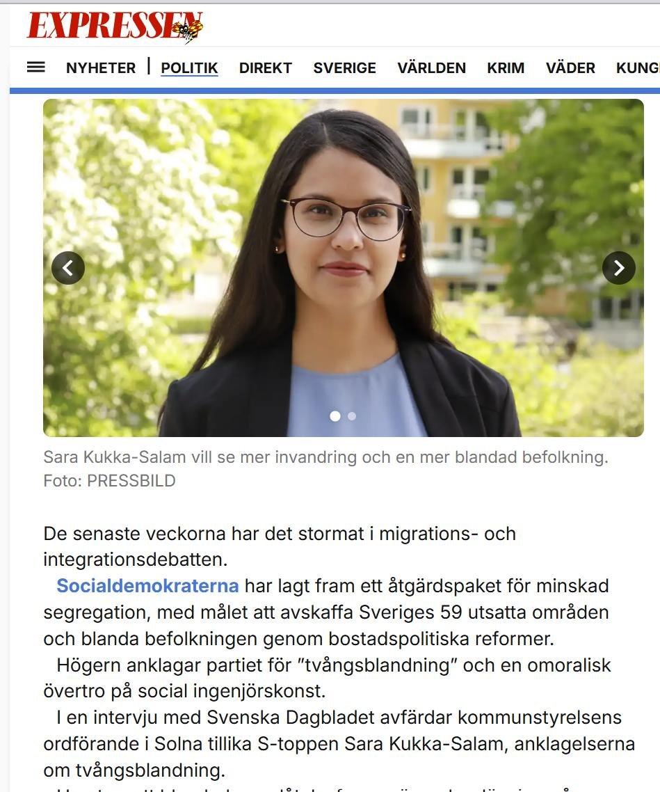 vansterkollen's tweet image. Demografisk ingenjörskonst kan vara ett folkrättsbrott. FN:s folkmordskonvention förbjuder att medvetet förstöra en folkgrupps livsbetingelser. Västerländska länders makthavare bör kunna prövas mot samma normer i rättssäkra rättegångar? Sara Kukka-Salam vill tränga undan svenskar…