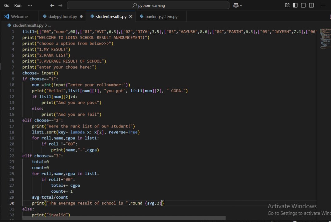 GaganCommits's tweet photo. Day 5 of Python
Built a mini student result system today 📊
Used Python for loops, sorting, and averages with a list of lists to show:
✔️ Individual results
🥇 Rank list
📈 Average CGPA

#PyByGagan #PythonLearning #100DaysOfCode #CodingJourney #StudentProject https://t.co/QyU386OToE